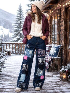 Upcycled Patchwork Flared Jeans Boho Hippie Sweater Weather Pants Approx Size 14